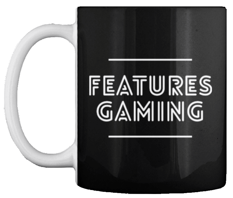 An animated gif of a mug branded Features Gaming showing the different colour combinations available